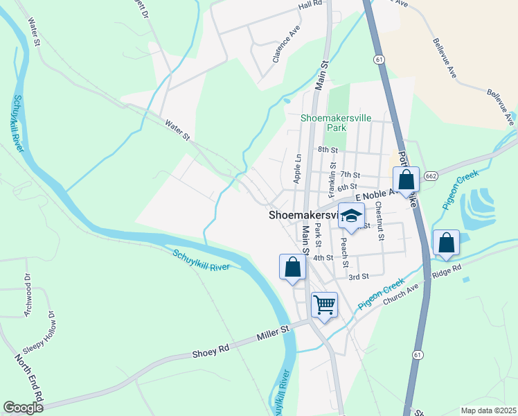 map of restaurants, bars, coffee shops, grocery stores, and more near 612 Water Street in Shoemakersville