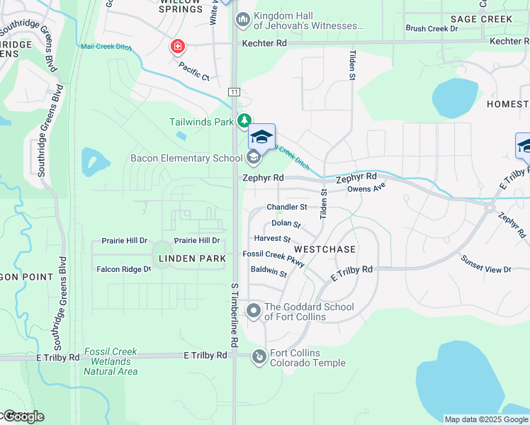 map of restaurants, bars, coffee shops, grocery stores, and more near 2151 Chandler Street in Fort Collins