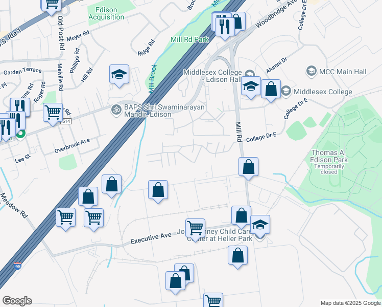 map of restaurants, bars, coffee shops, grocery stores, and more near 324 College Drive in Edison