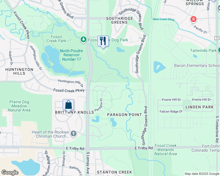 map of restaurants, bars, coffee shops, grocery stores, and more near 1230 Paragon Place in Fort Collins