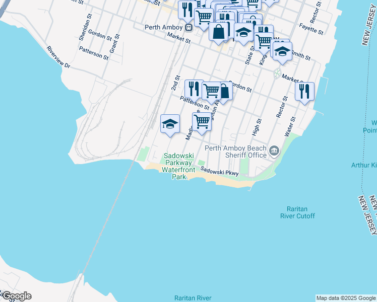 map of restaurants, bars, coffee shops, grocery stores, and more near 61 Madison Avenue in Perth Amboy