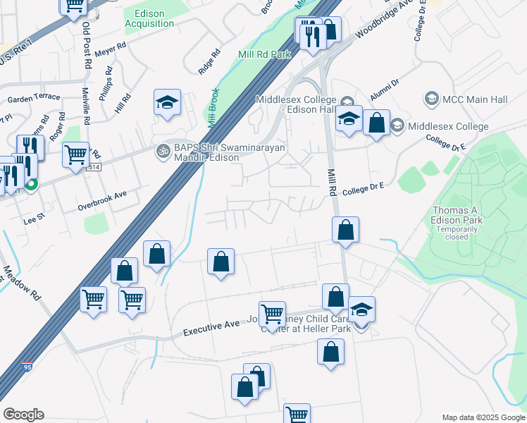 map of restaurants, bars, coffee shops, grocery stores, and more near 154 College Drive in Edison