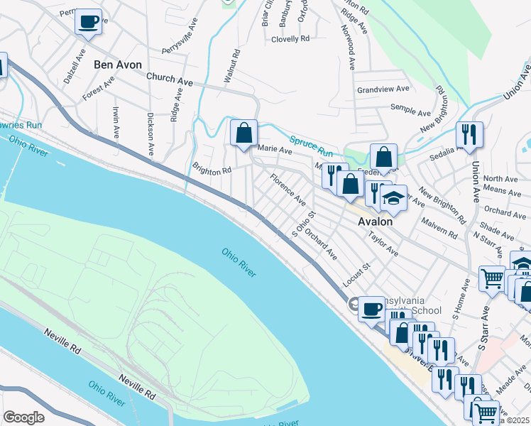 map of restaurants, bars, coffee shops, grocery stores, and more near 109 Cleveland Avenue in Pittsburgh