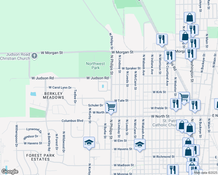map of restaurants, bars, coffee shops, grocery stores, and more near 1606 Hutchins Dr in Kokomo