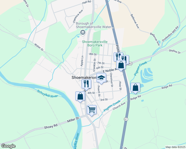 map of restaurants, bars, coffee shops, grocery stores, and more near 43 East Noble Avenue in Shoemakersville