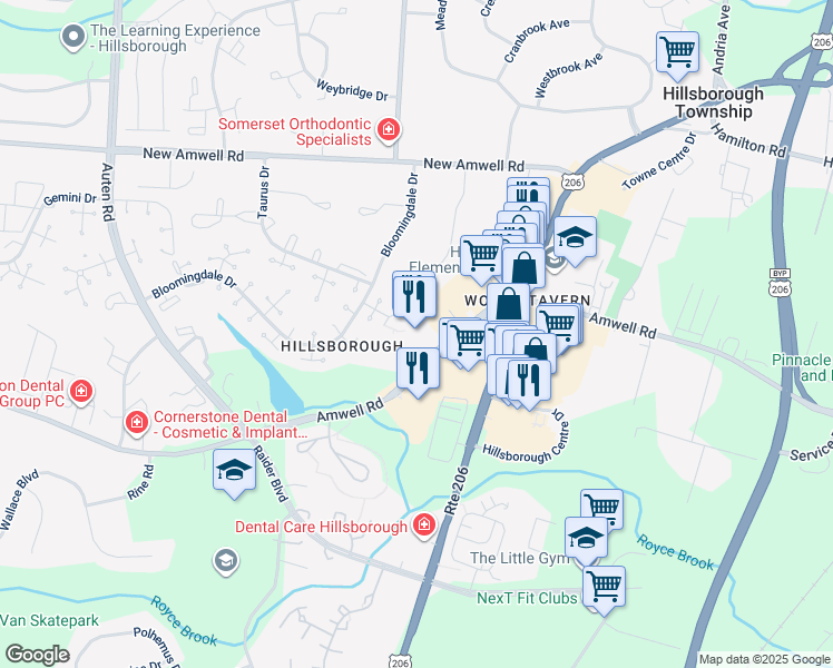 map of restaurants, bars, coffee shops, grocery stores, and more near 435 Amwell Road in Somerset County