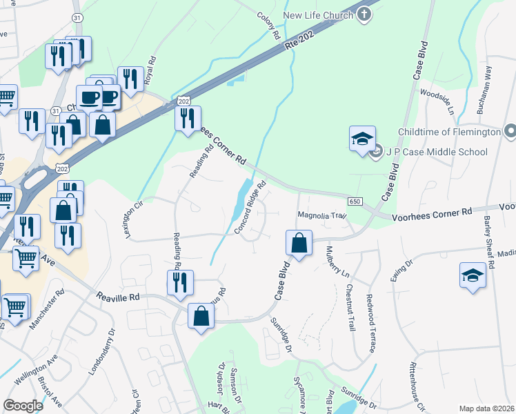 map of restaurants, bars, coffee shops, grocery stores, and more near 508 Sturbridge Court in Flemington