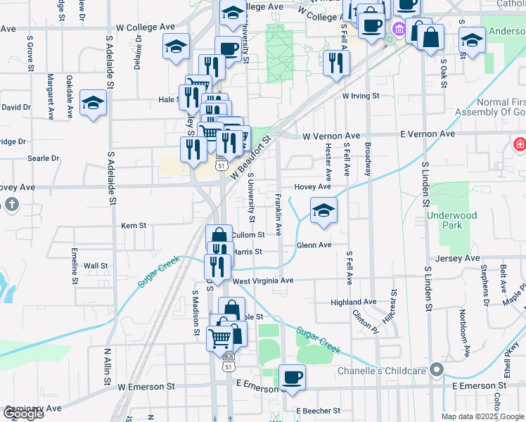 map of restaurants, bars, coffee shops, grocery stores, and more near 605 Church Street in Normal