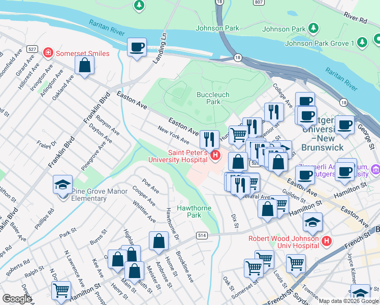 map of restaurants, bars, coffee shops, grocery stores, and more near 5 Jefferson Avenue in New Brunswick