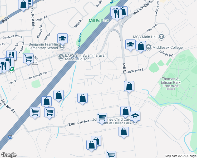 map of restaurants, bars, coffee shops, grocery stores, and more near 32 College Drive in Edison