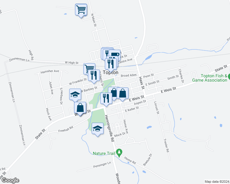 map of restaurants, bars, coffee shops, grocery stores, and more near 132 S Home Ave in Topton