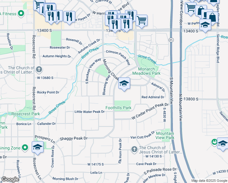 map of restaurants, bars, coffee shops, grocery stores, and more near 13717 Shaggy Peak Drive in Riverton