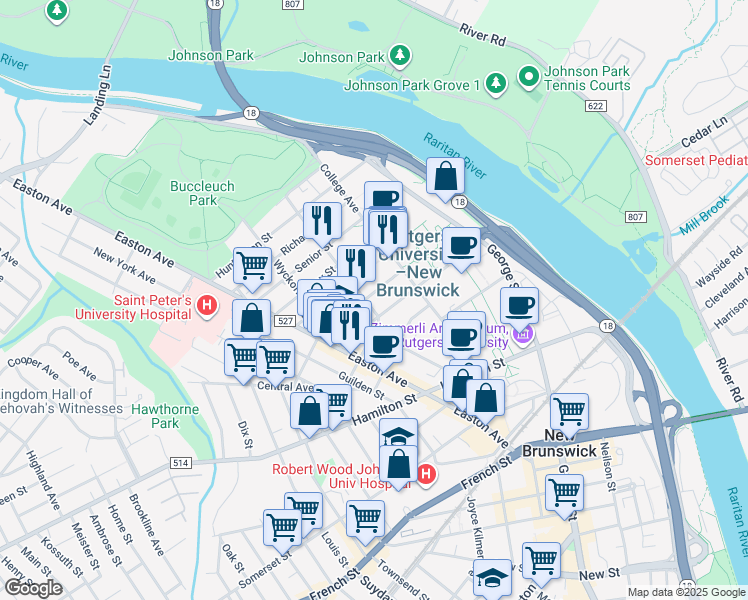 map of restaurants, bars, coffee shops, grocery stores, and more near 32 Bartlett Street in New Brunswick