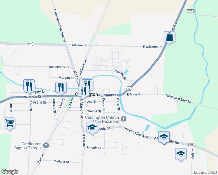 map of restaurants, bars, coffee shops, grocery stores, and more near 308 East Gregory Street in Cardington