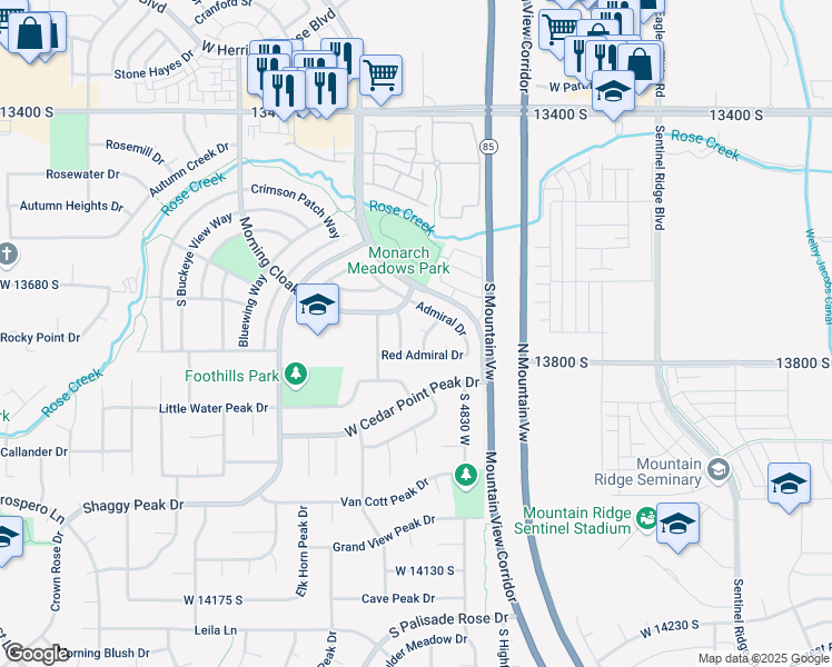 map of restaurants, bars, coffee shops, grocery stores, and more near 4907 Blue Admiral Court in Riverton