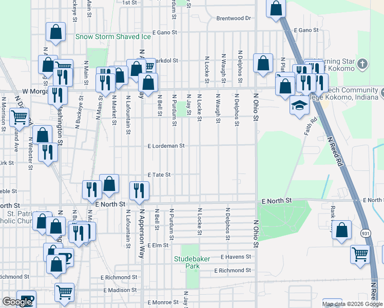 map of restaurants, bars, coffee shops, grocery stores, and more near 1610 North Jay Street in Kokomo