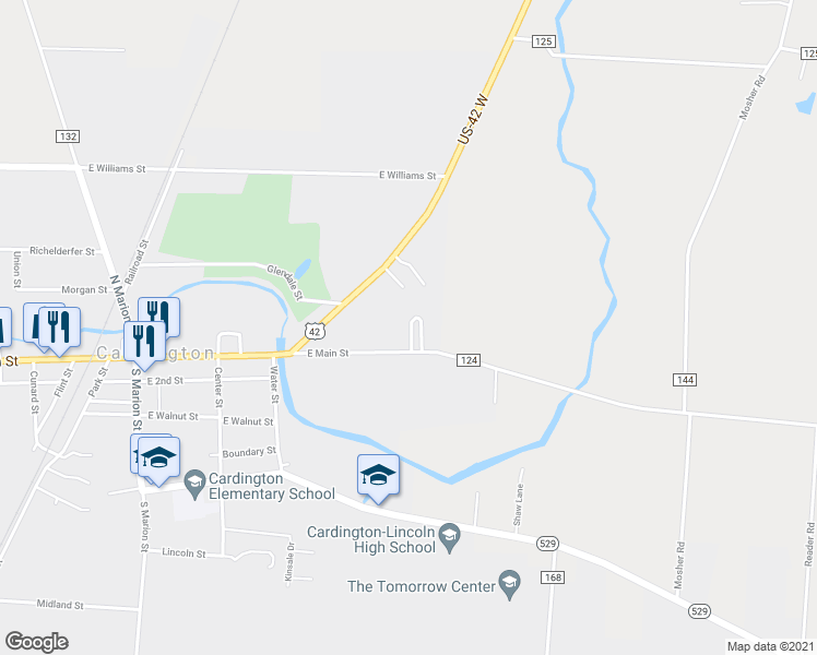 map of restaurants, bars, coffee shops, grocery stores, and more near 103 Riverview Drive in Cardington