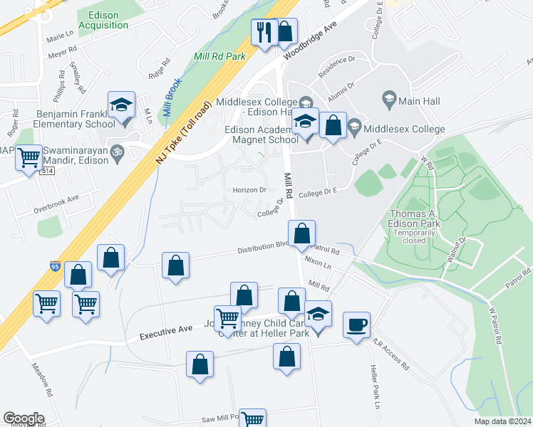 map of restaurants, bars, coffee shops, grocery stores, and more near 6 College Drive in Edison