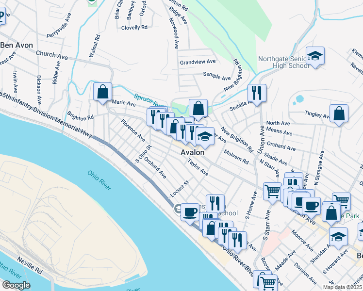 map of restaurants, bars, coffee shops, grocery stores, and more near 620 California Avenue in Pittsburgh