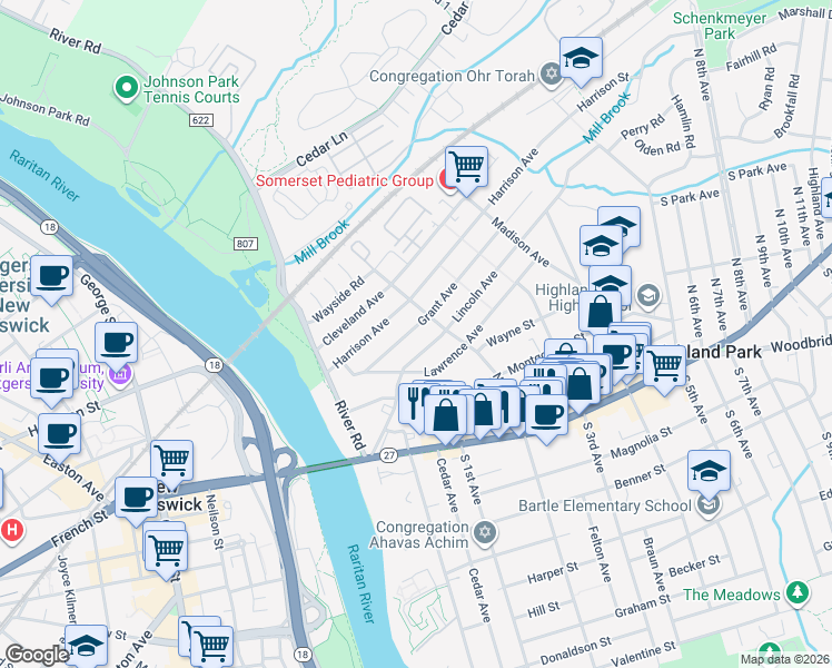 map of restaurants, bars, coffee shops, grocery stores, and more near 56 Grant Avenue in Highland Park