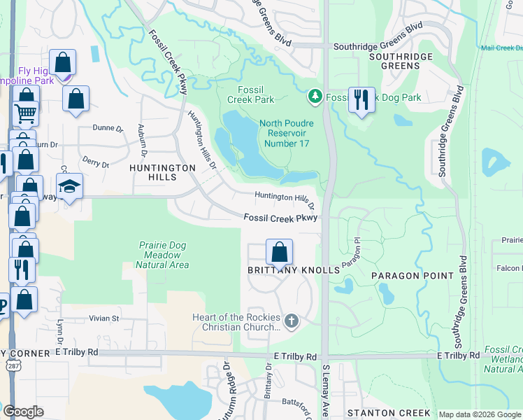 map of restaurants, bars, coffee shops, grocery stores, and more near 6107 Melrose Court in Fort Collins