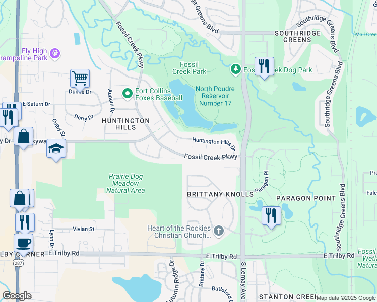 map of restaurants, bars, coffee shops, grocery stores, and more near 6113 Normandy Court in Fort Collins