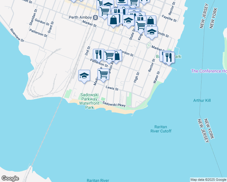 map of restaurants, bars, coffee shops, grocery stores, and more near 117 Lewis Street in Perth Amboy