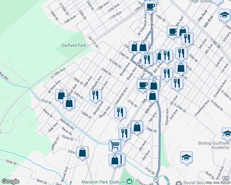 map of restaurants, bars, coffee shops, grocery stores, and more near 2633-35 Broad Avenue in Altoona
