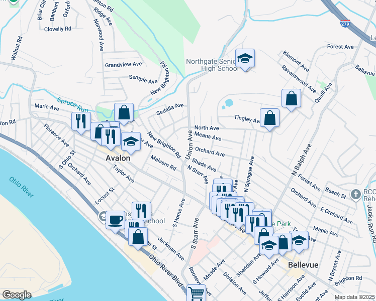 map of restaurants, bars, coffee shops, grocery stores, and more near 735 Orchard Avenue in Pittsburgh