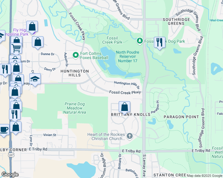 map of restaurants, bars, coffee shops, grocery stores, and more near 6113 Normandy Court in Fort Collins