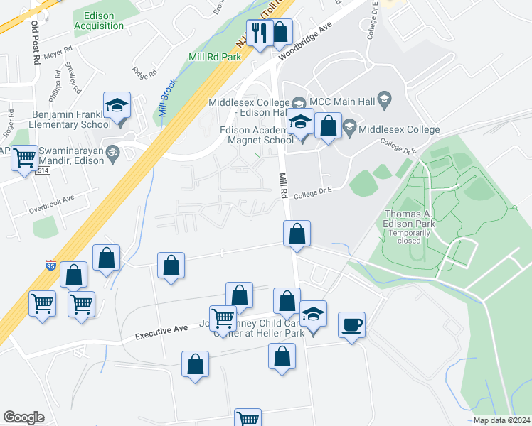 map of restaurants, bars, coffee shops, grocery stores, and more near 124 College Drive in Edison