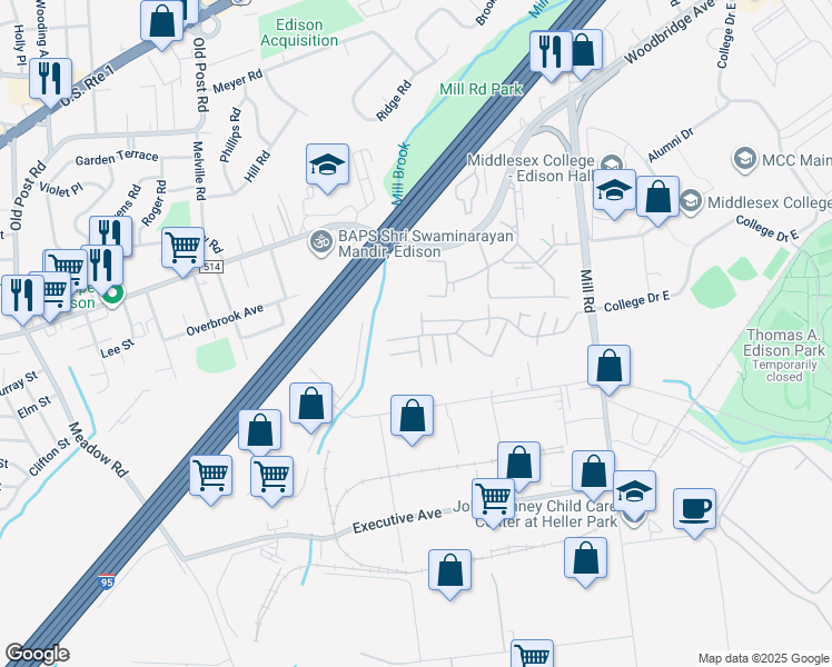 map of restaurants, bars, coffee shops, grocery stores, and more near 17 College Drive in Edison