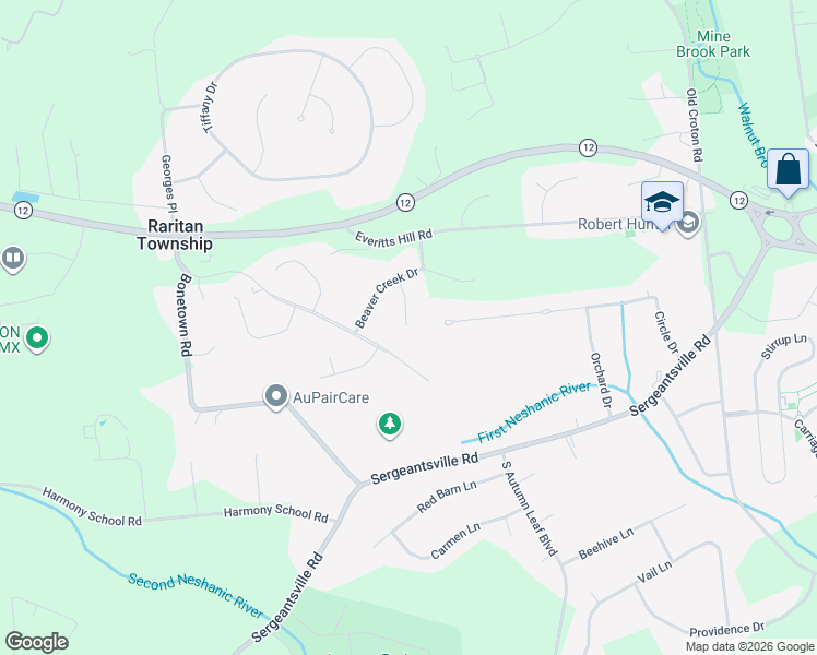 map of restaurants, bars, coffee shops, grocery stores, and more near 4 Columbine Drive in Flemington