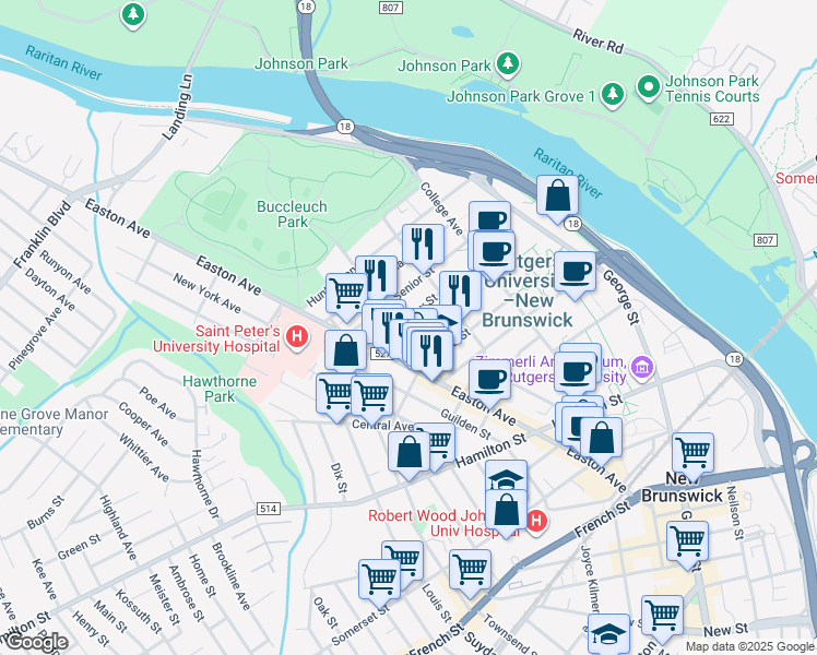 map of restaurants, bars, coffee shops, grocery stores, and more near 45 Wyckoff Street in New Brunswick