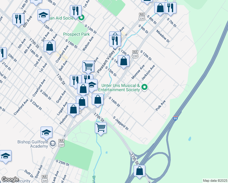 map of restaurants, bars, coffee shops, grocery stores, and more near 1537-45 Valley View Boulevard in Altoona