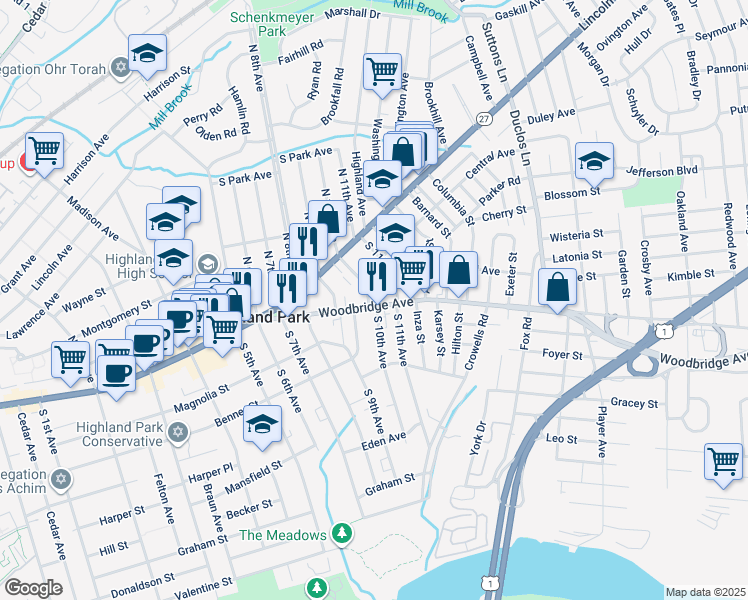 map of restaurants, bars, coffee shops, grocery stores, and more near 97 Woodbridge Avenue in Highland Park