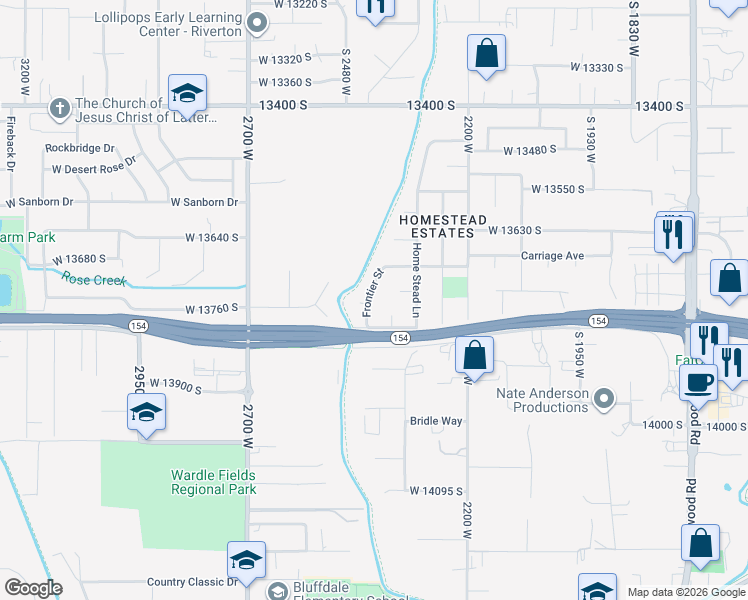 map of restaurants, bars, coffee shops, grocery stores, and more near 13759 Frontier Street in Riverton