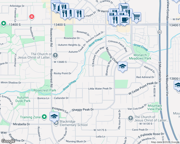 map of restaurants, bars, coffee shops, grocery stores, and more near 13749 Crimson Patch Way in Riverton