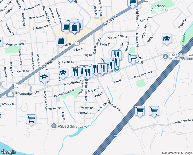 map of restaurants, bars, coffee shops, grocery stores, and more near 1 Old Post Road in Edison