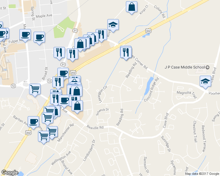 map of restaurants, bars, coffee shops, grocery stores, and more near 301 Salem Court in Flemington