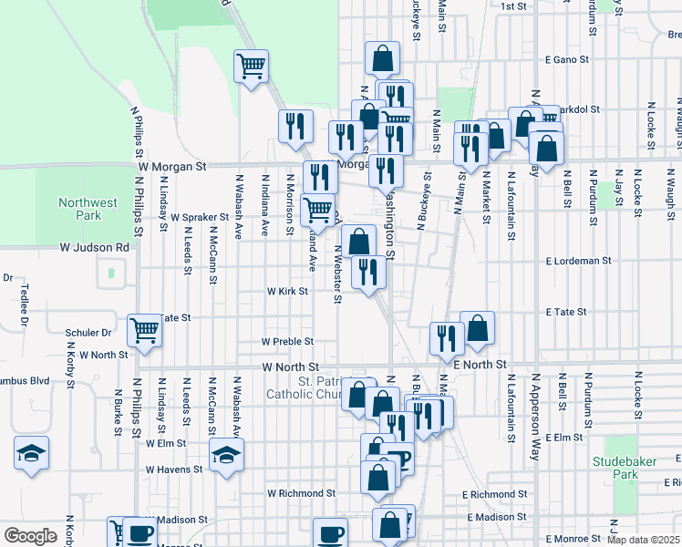 map of restaurants, bars, coffee shops, grocery stores, and more near 1622 North Webster Street in Kokomo