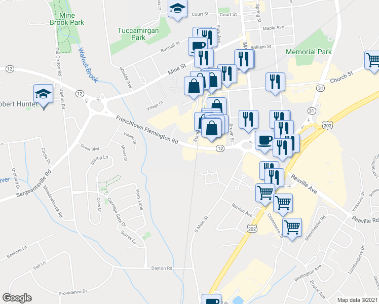 map of restaurants, bars, coffee shops, grocery stores, and more near 42 New Jersey 12 in Flemington