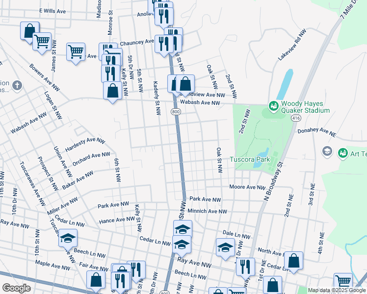 map of restaurants, bars, coffee shops, grocery stores, and more near 835 4th Street Northwest in New Philadelphia