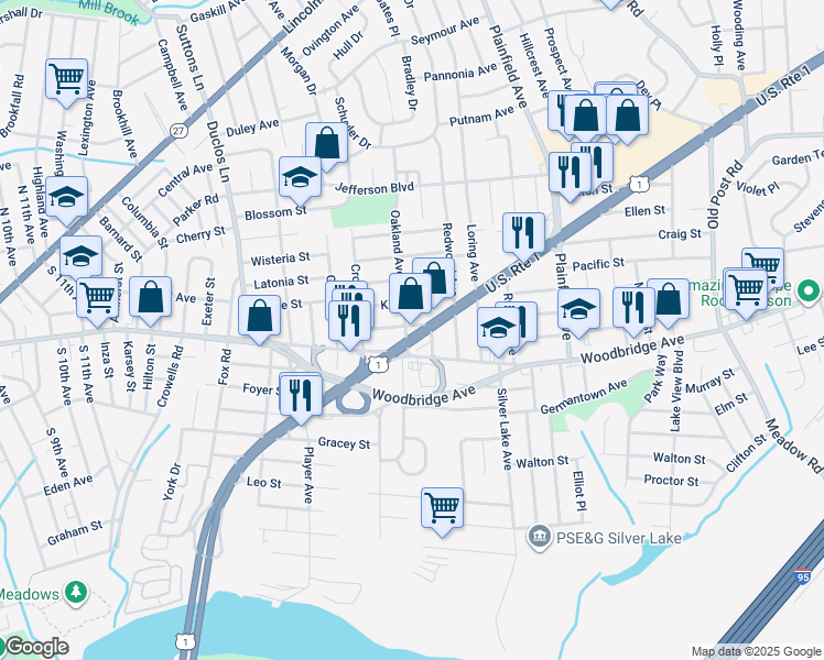 map of restaurants, bars, coffee shops, grocery stores, and more near 299 U.S. 1 in Edison