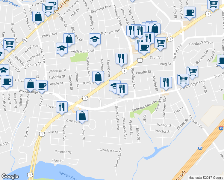 map of restaurants, bars, coffee shops, grocery stores, and more near 25 Loring Avenue in Edison