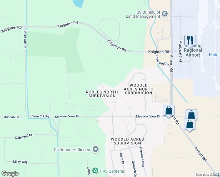 map of restaurants, bars, coffee shops, grocery stores, and more near 7573 Robles Dr in Redding
