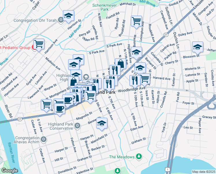 map of restaurants, bars, coffee shops, grocery stores, and more near 707 Raritan Avenue in Highland Park
