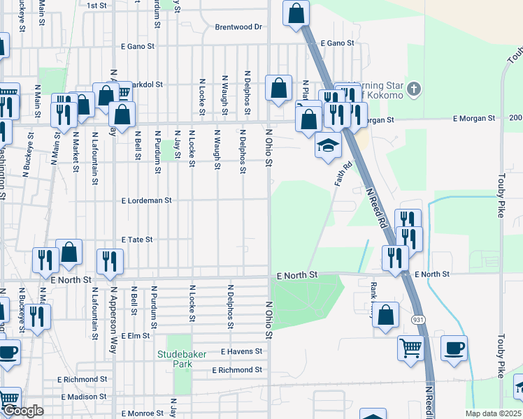 map of restaurants, bars, coffee shops, grocery stores, and more near 1615 North Ohio Street in Kokomo