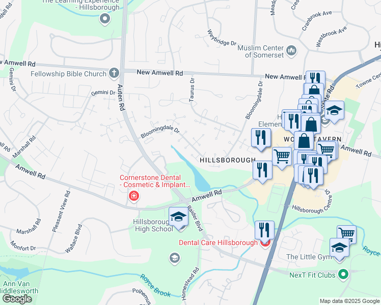 map of restaurants, bars, coffee shops, grocery stores, and more near 3724 Bloomingdale Drive in Hillsborough Township