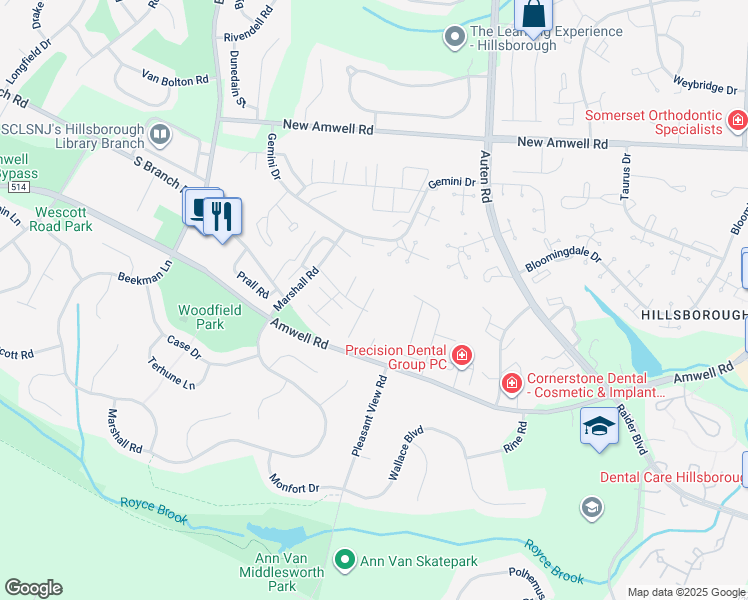 map of restaurants, bars, coffee shops, grocery stores, and more near 897 Merritt Drive in Hillsborough Township